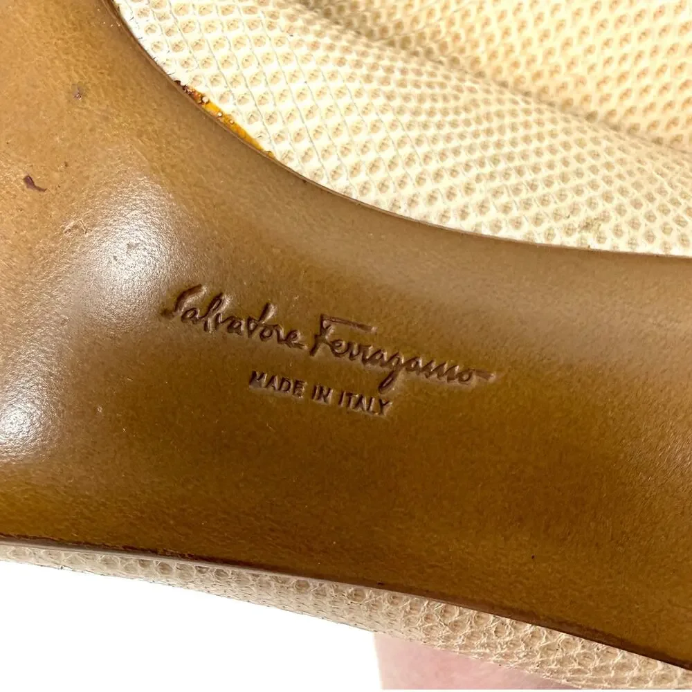 Salvatore Ferragamo Zucchero Leather Reptile Suede Bow Pumps Heels Beige Size 10